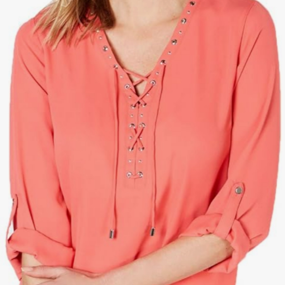 JM Collection Coral 3/4 sleeve lace-up blouse (L)